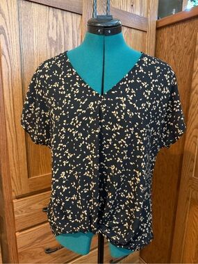 V-Neck Black Blouse with Cream Leaf Print